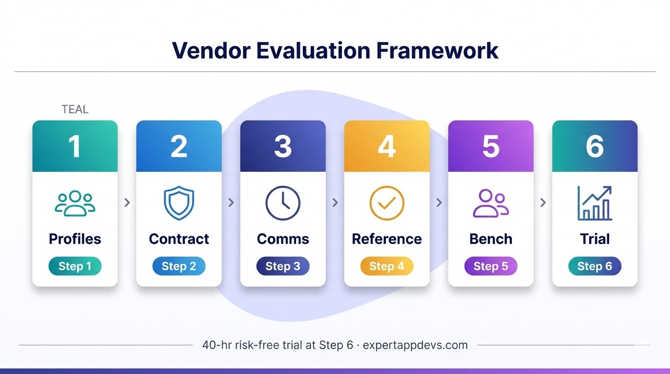 6-step vendor evaluation framework for hiring dedicated developers: from profile verification to trial sprint before long-term engagement