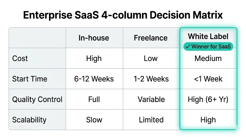Decision framework comparing in-house hiring freelance and white label iOS development for SaaS companies