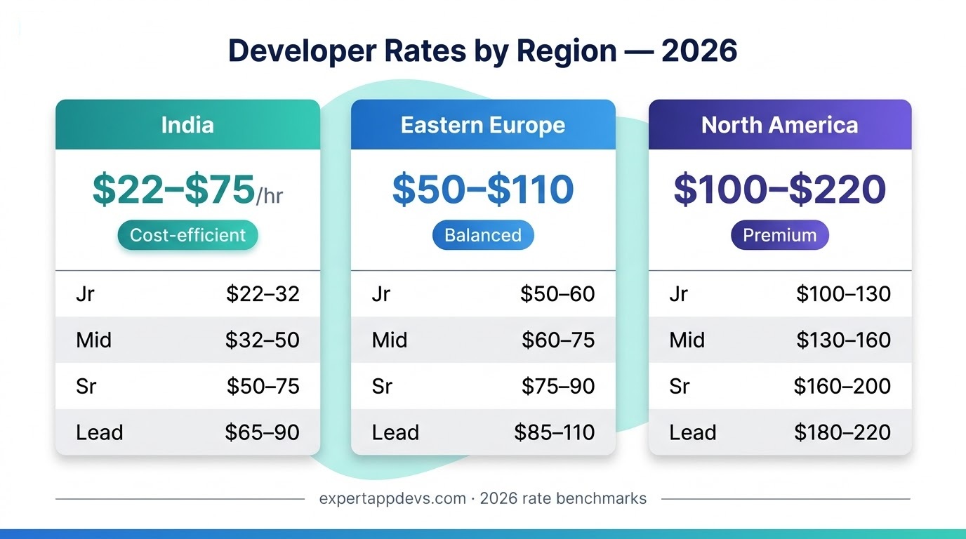 Dedicated developer hourly rate comparison by region in 2026: India, Eastern Europe, and North America