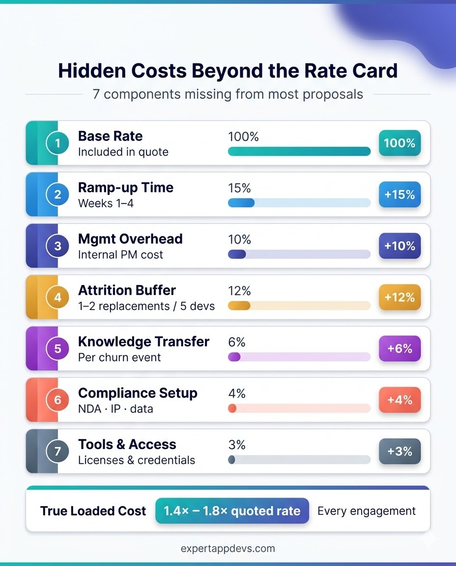 Infographic showing 7 hidden cost components beyond the quoted hourly rate when hiring dedicated developers in 2026