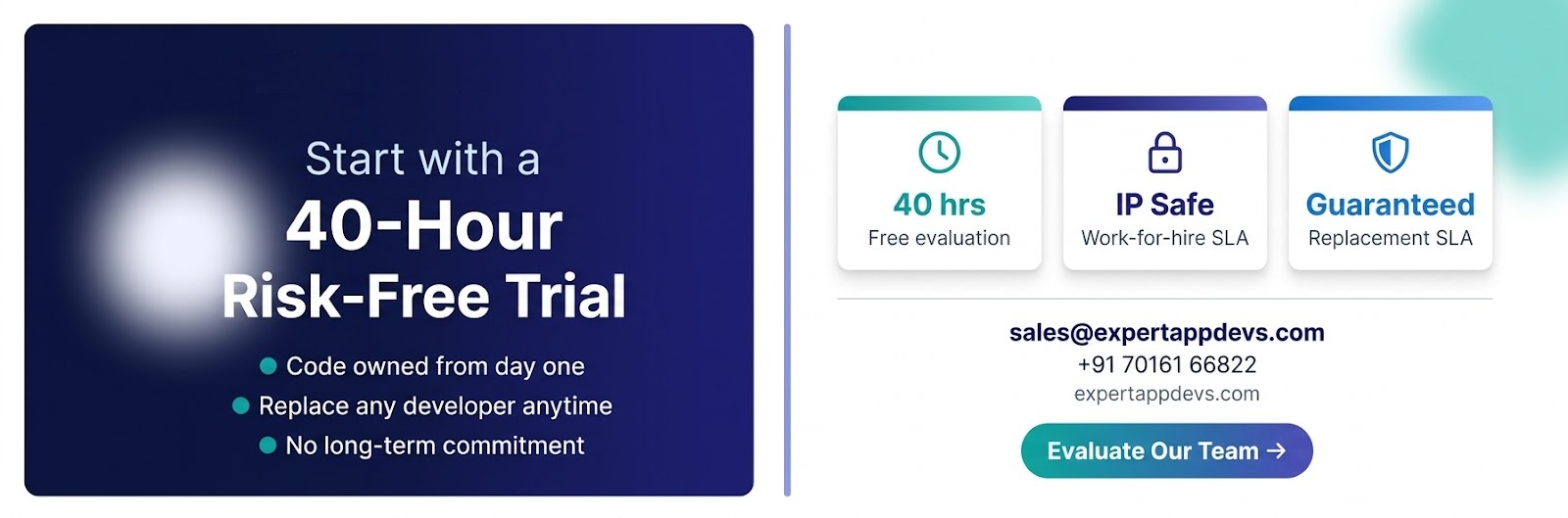 ExpertAppDevs 40-hour risk-free dedicated developer trial evaluate code quality, communication, and team fit before committing