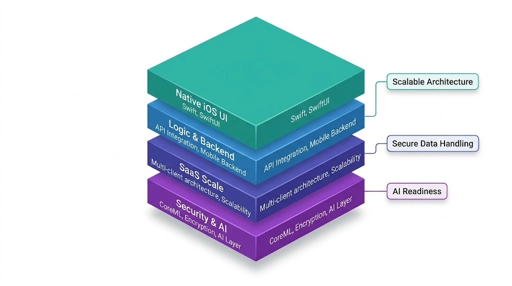 iOS app development architecture using Swift SwiftUI API integration and scalable SaaS backend systems