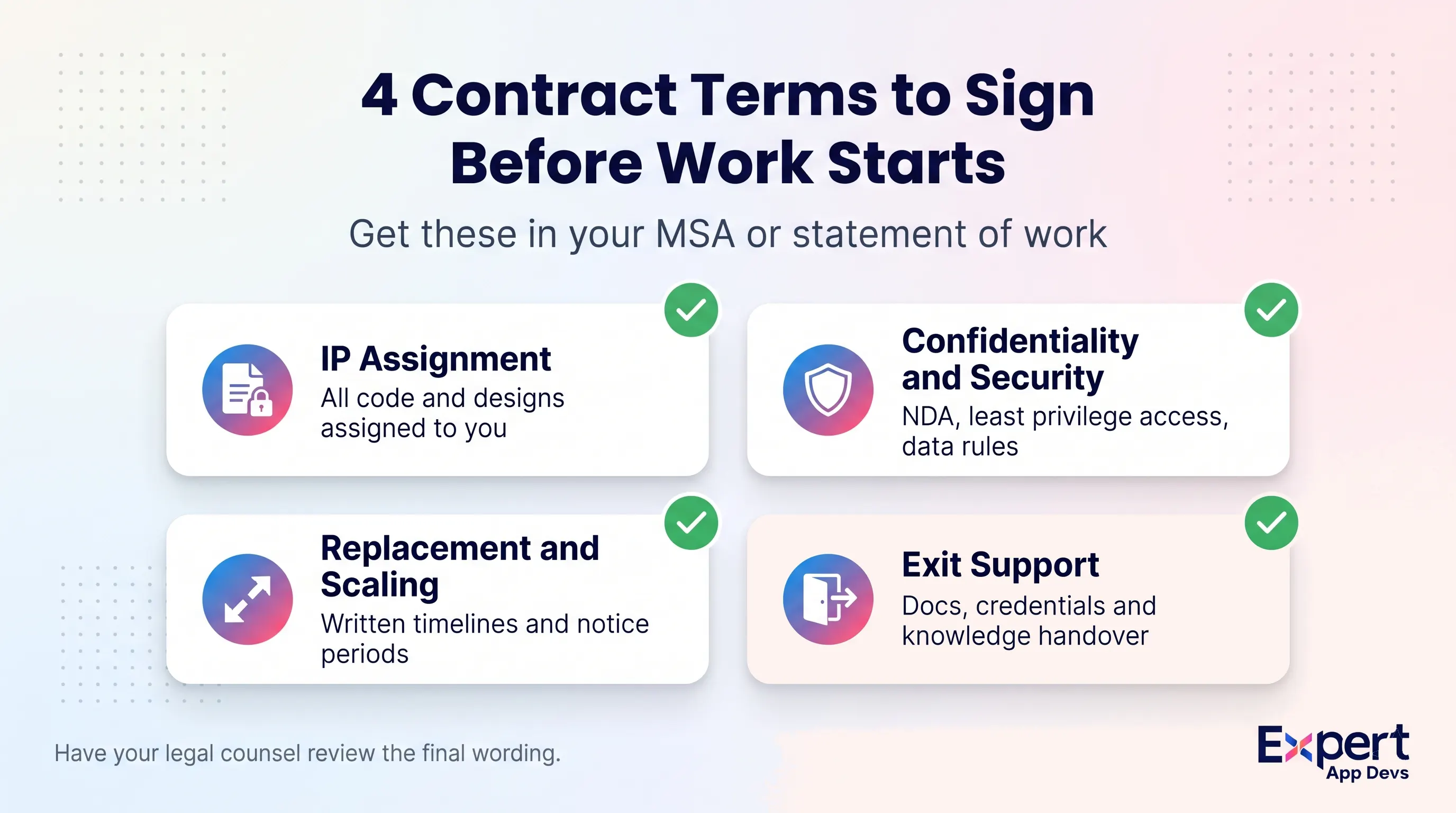 Checklist graphic of four contract terms for staff augmentation: IP assignment, confidentiality and security, replacement and scaling, and exit support