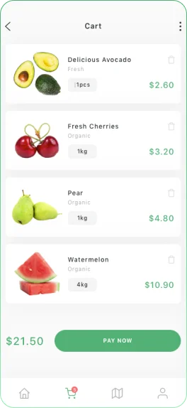 On-demand grocery app cart screen with selected fruits, pricing, and checkout options