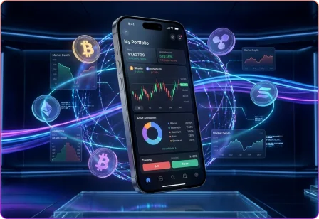 Cryptocurrency wallet and exchange platform displaying digital assets, secure transactions, portfolio balances, and market trends