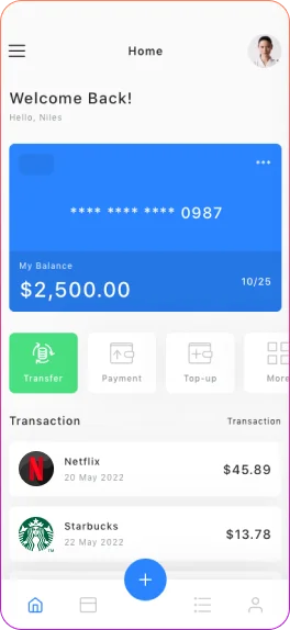 Digital wallet and card management interface showing transaction history, spending insights, and account activity