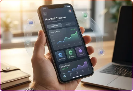 Personal finance management app displaying expense tracking, budgeting tools, savings goals, and spending analytics